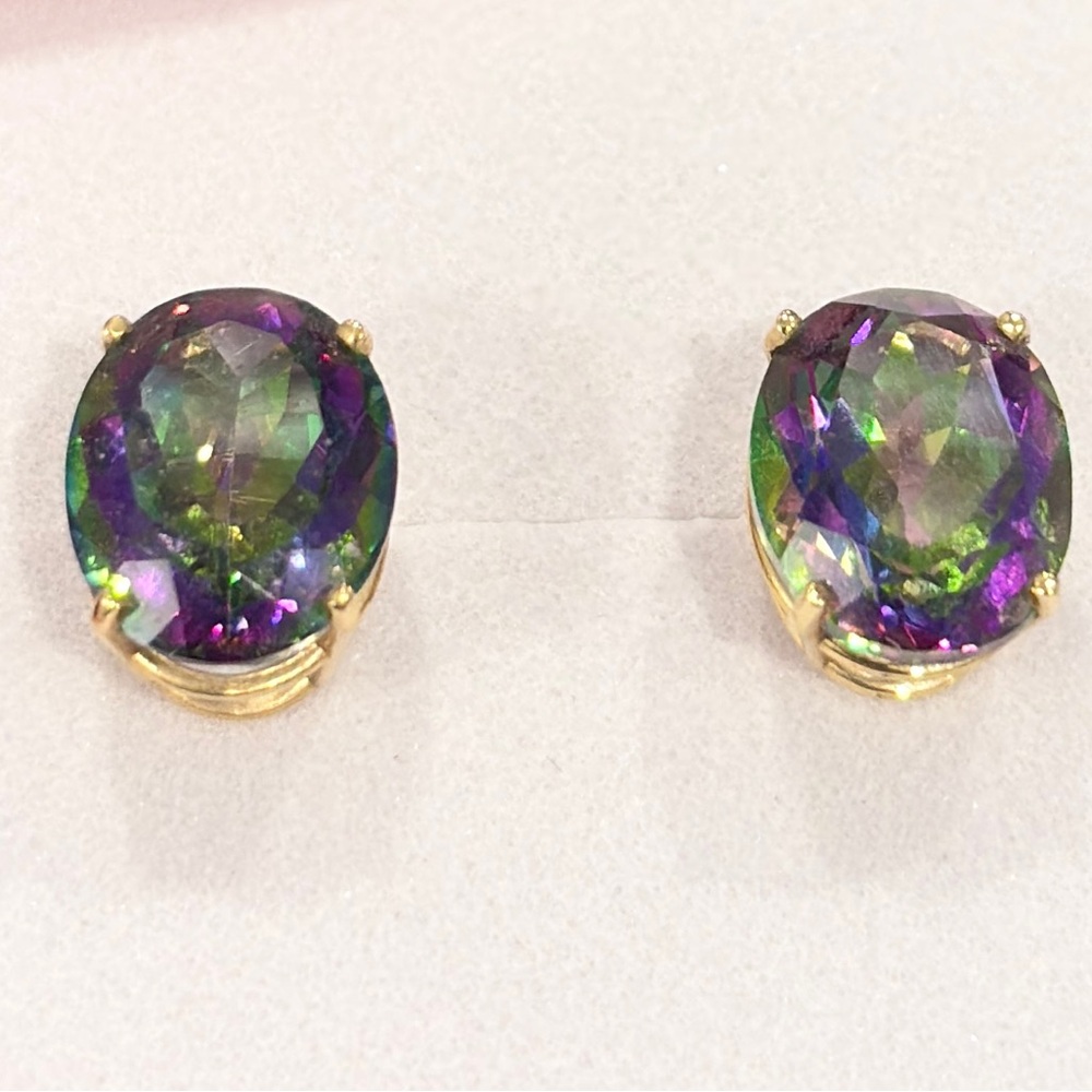 Mystic Topaz 14K Gold Stud Earrings: Clyde Duneier Vintage Solitaire - Picture 4 of 7